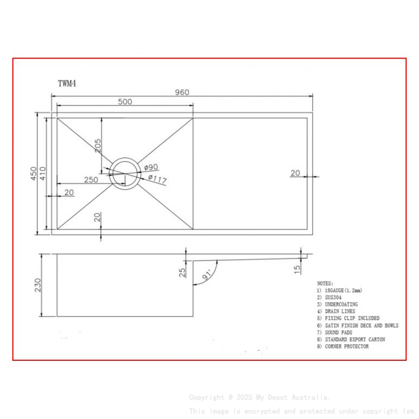 304 Stainless Steel Hand-made Single Bowl Kitchen Sink(Round Edges) 960*450*230mm