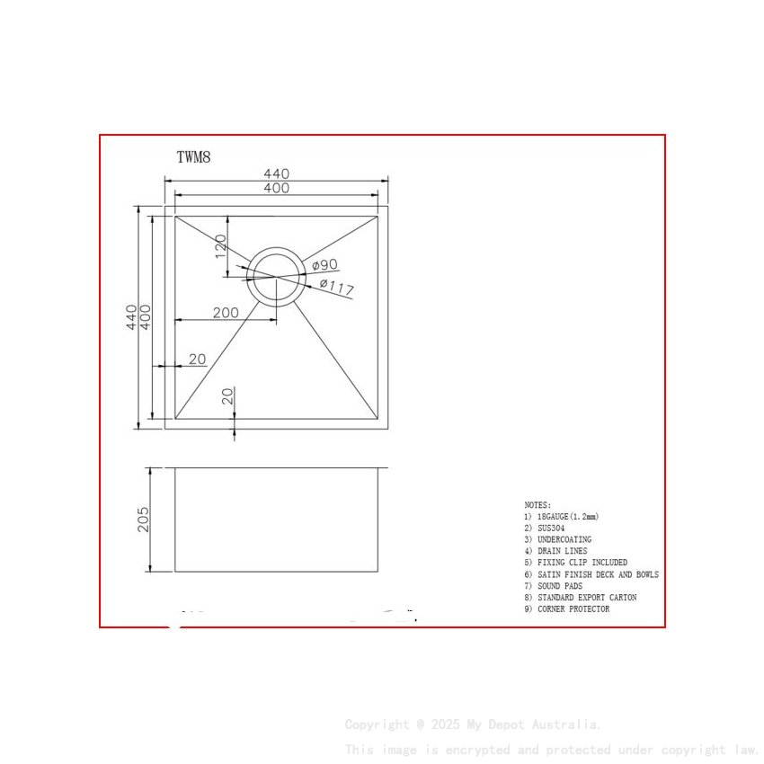 304 Stainless Steel Hand-made Single Bowl Kitchen Sink 440*440*205mm(R10 Corner)