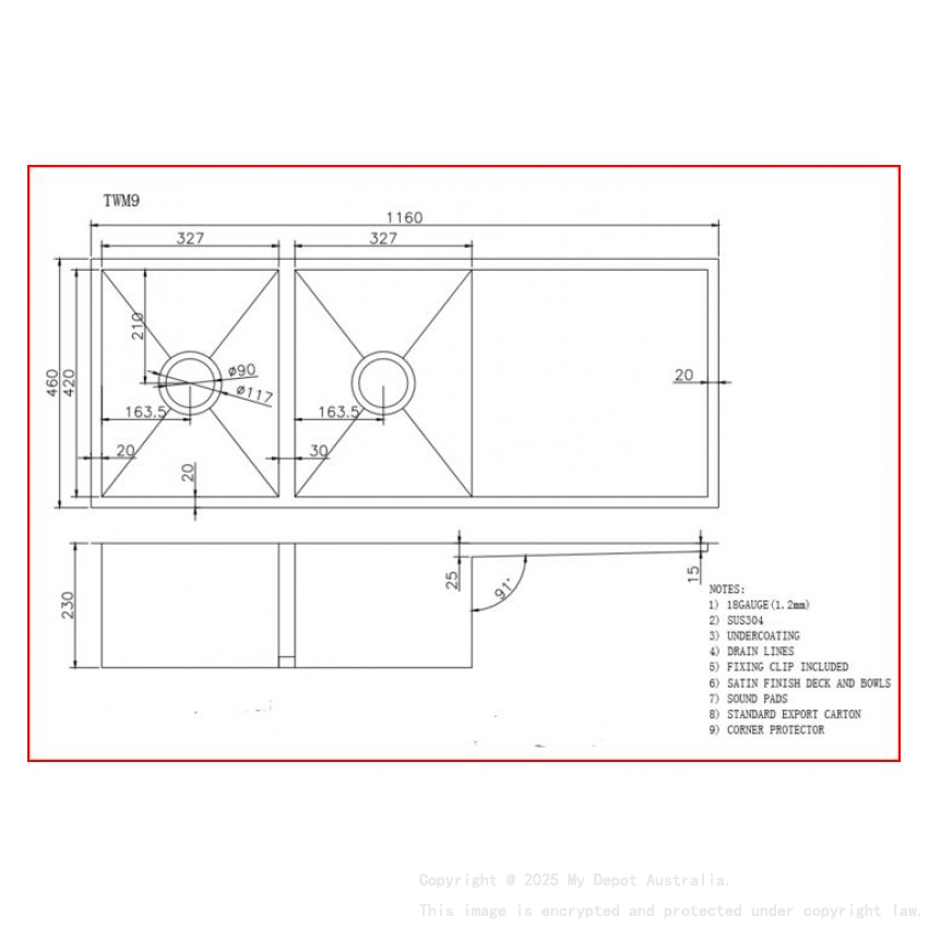 304 Stainless Steel Hand-made Double Bowl Kitchen Sink(Round Edges)1160*460*230mm(with Drainer)