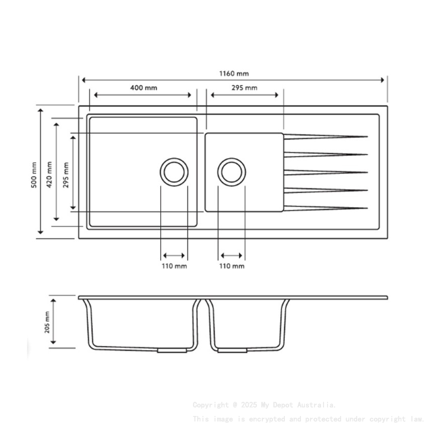 Carysil Vivaldi Black 1 and 1/2 Bowl Granite Kitchen Sink 1160*500mm
