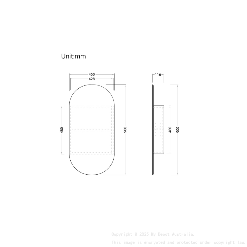 450x900mm Oval Matte White Mirror Cabinet MDF 1/DR Shaving Cabinet