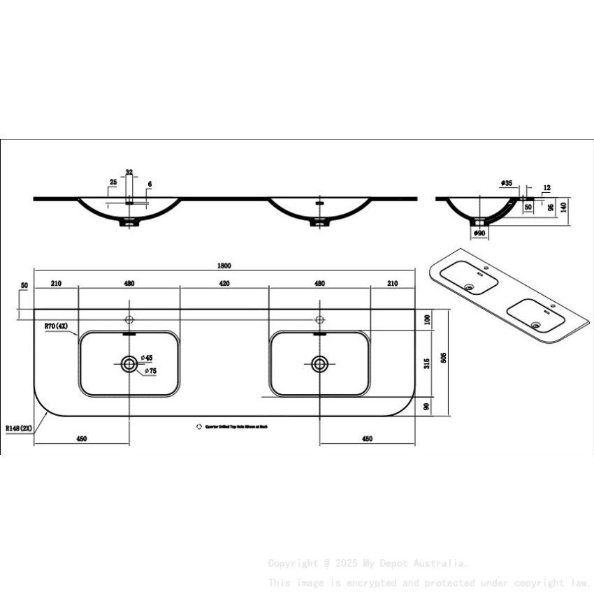 1805X505X140 Matte Black Aruro Solid Surface Stone Basin Double Bowl
