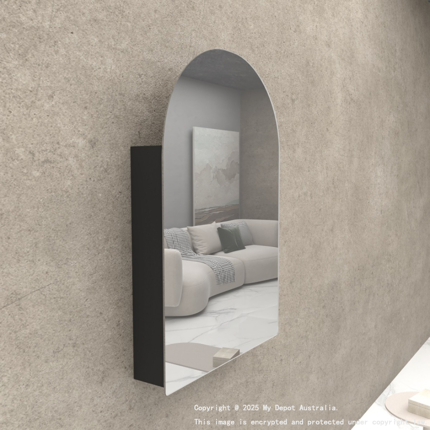 600x900mm Arched Matte Black MDF 1/DR Shaving Cabinet