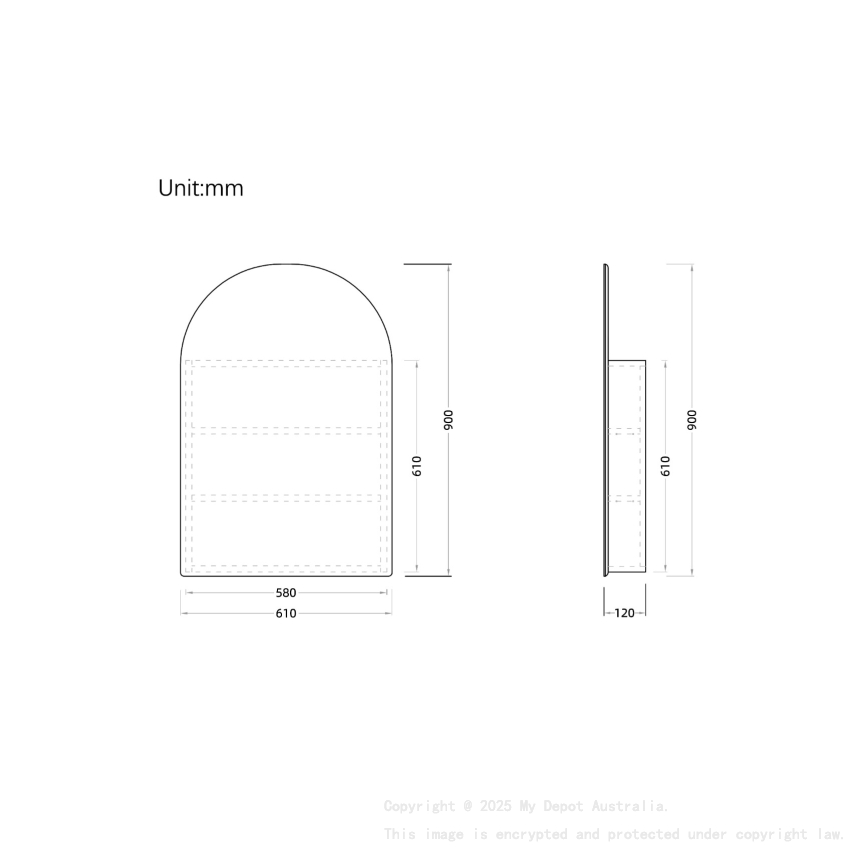 600x900mm Arched Matte Black MDF 1/DR Shaving Cabinet