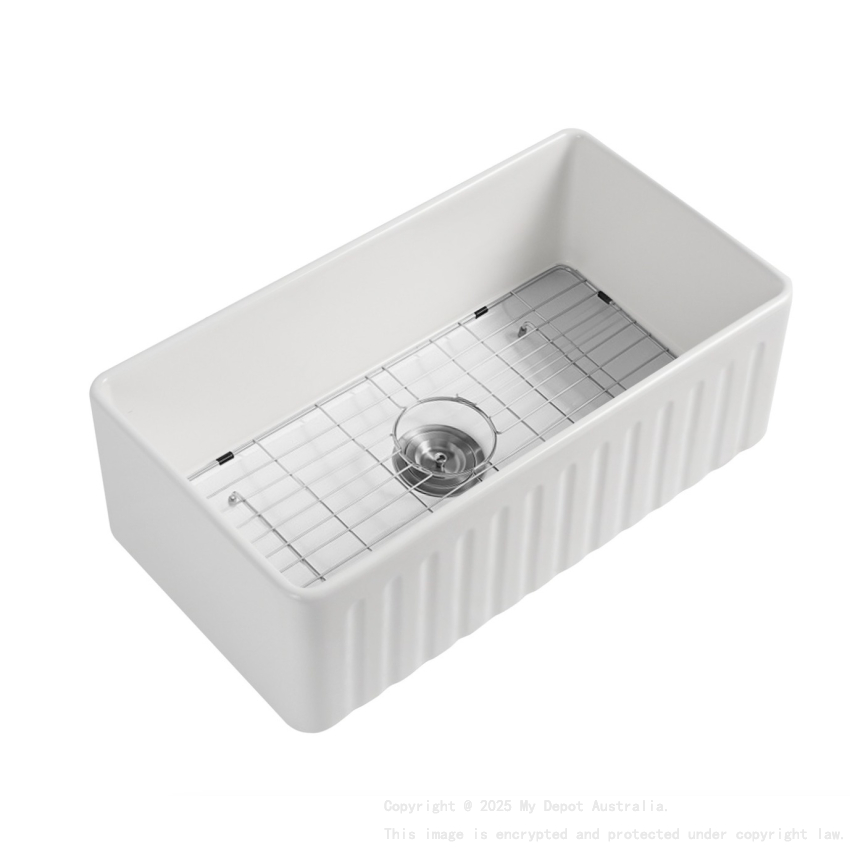 835mm Rectangle Gloss White Fireclay Farmhouse/Apron Single Sink with Bottom Grid & Basket Waste