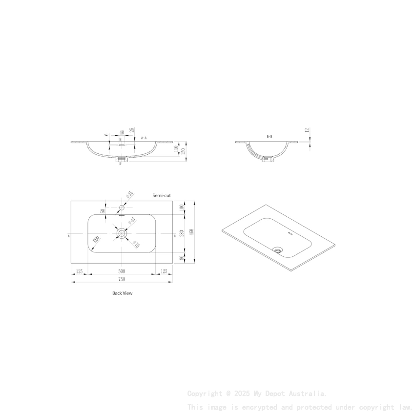 755X465X145 Matte Black Chasey Solid Surface Stone Basin
