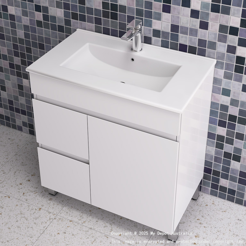750MM Gloss White MDF Bathroom Vanity Left Drawers Free standing Cabinet Only
