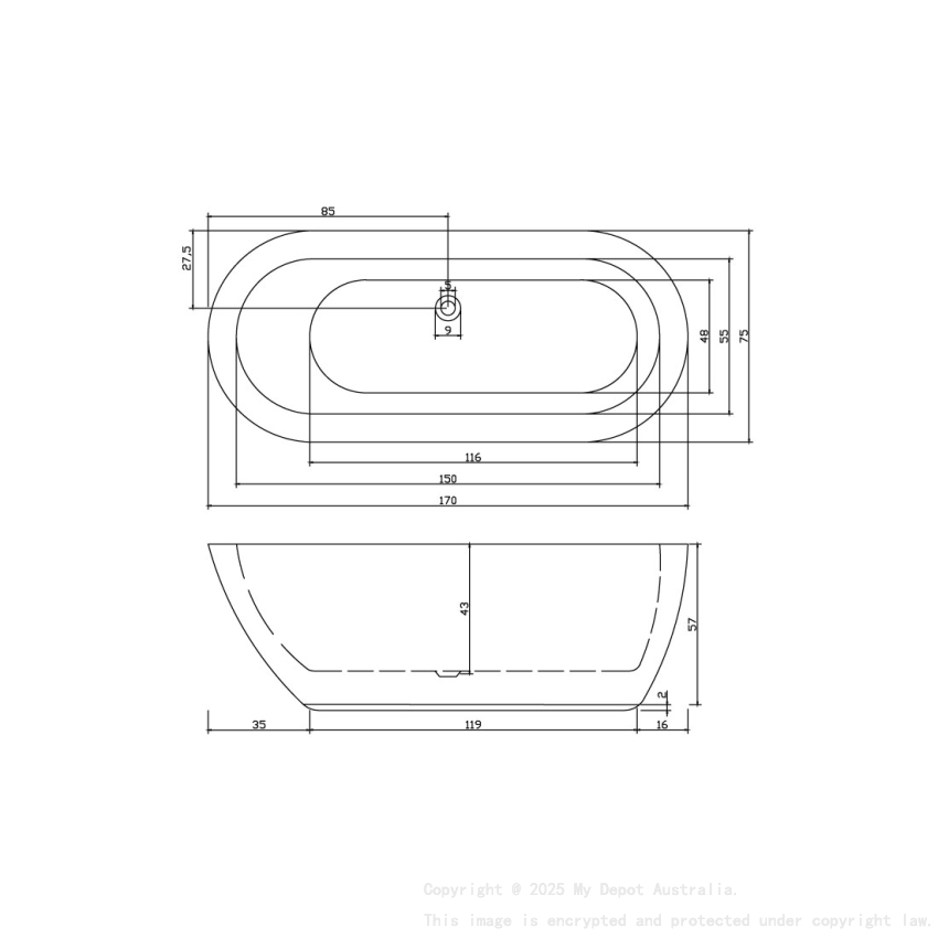 1700MM Free Standing Bathtub Boat Shape Gloss White Acrylic