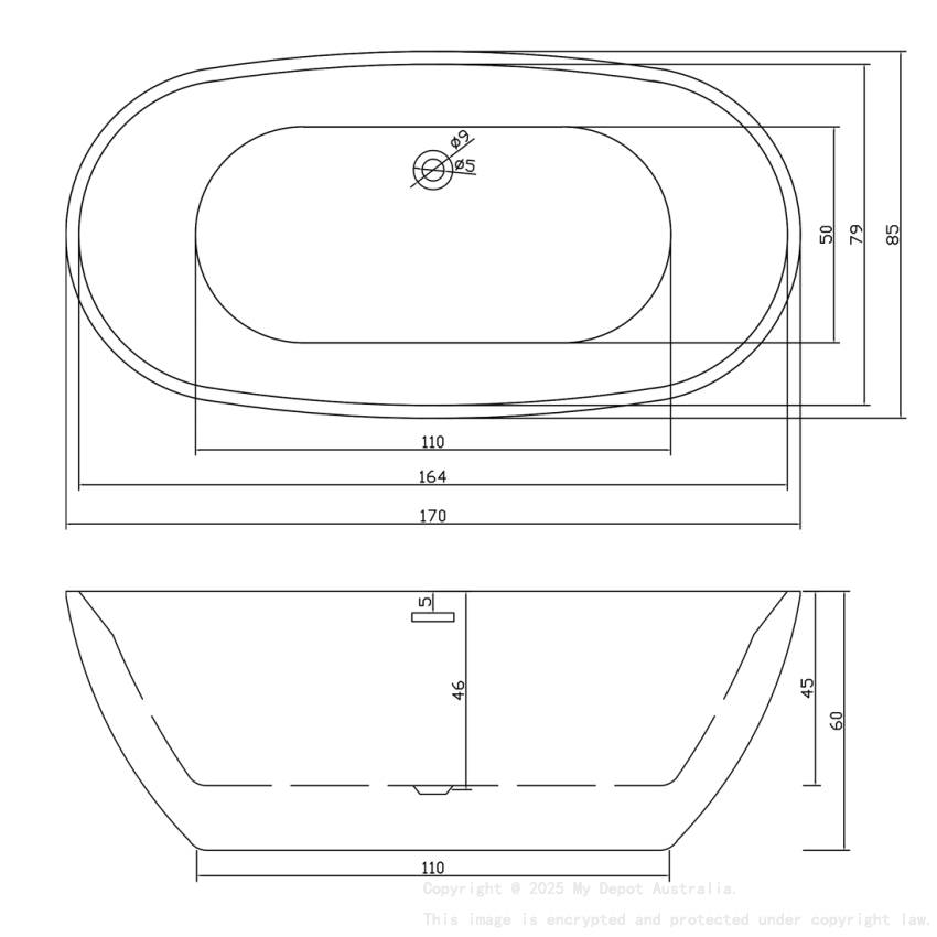 1700MM Free Standing Bathtub Bowl Shape Gloss White Acrylic