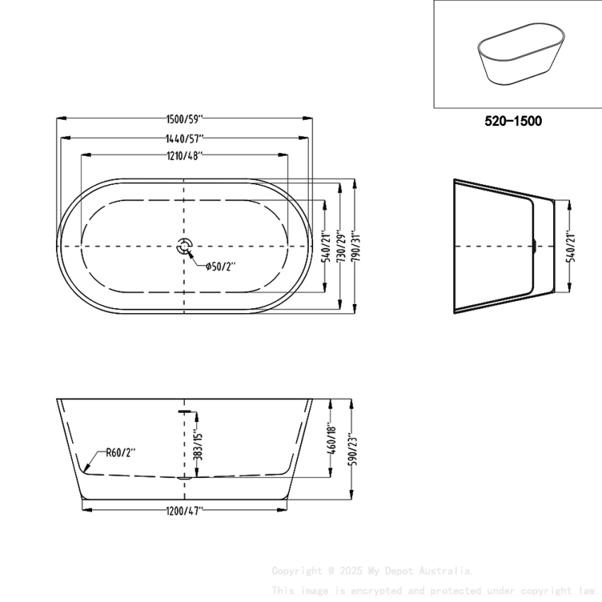 1500mm Oval Gloss White Acrylic Free Standing Bathtub No Overflow