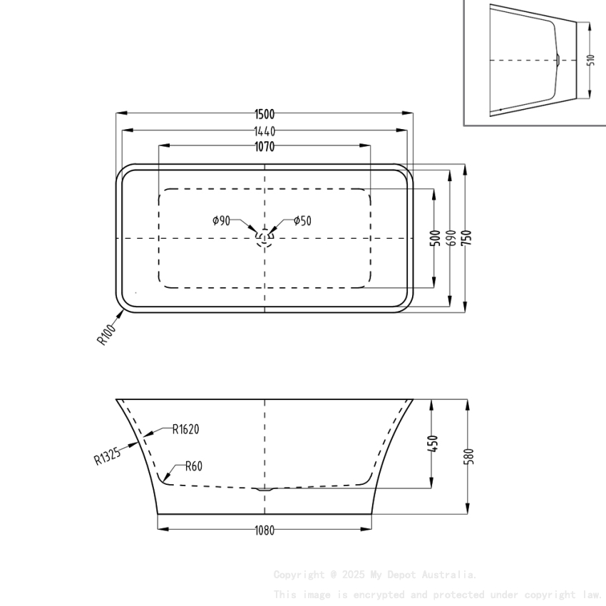 1500mm Rectangle Gloss White Acrylic Free Standing Bathtub No Overflow