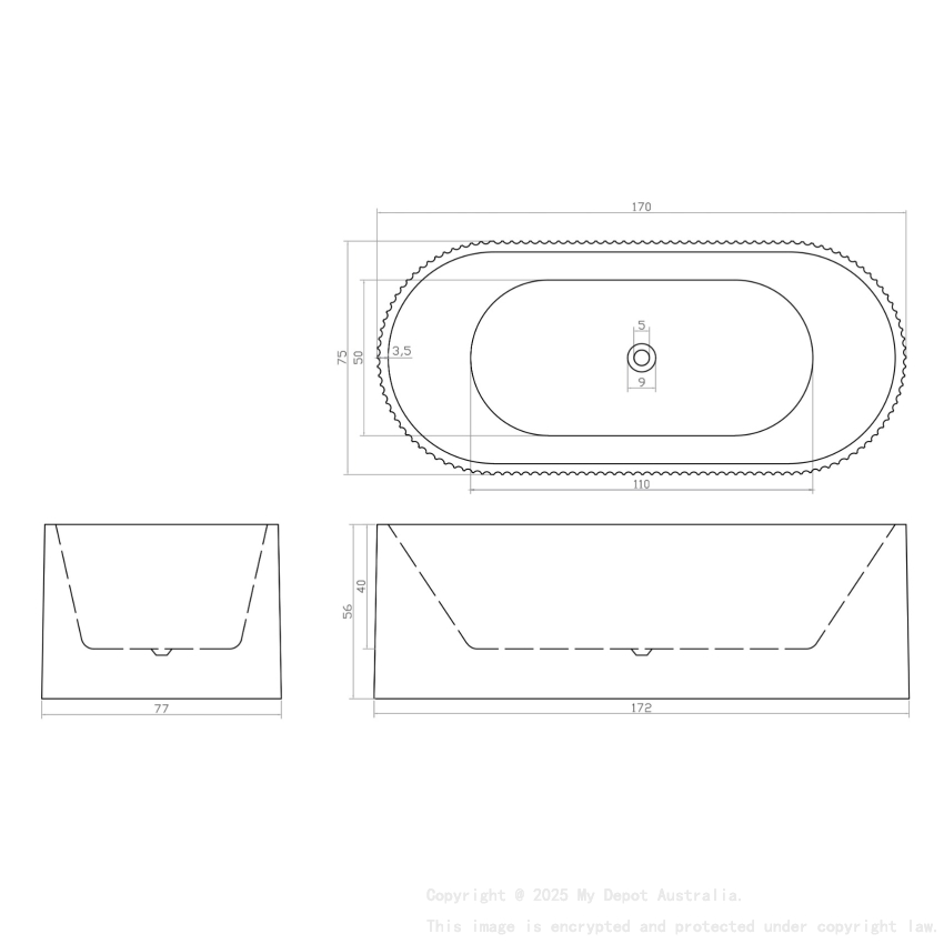 1700mm Kiama Grooved Gloss White Fluted Freestanding Bathtub 