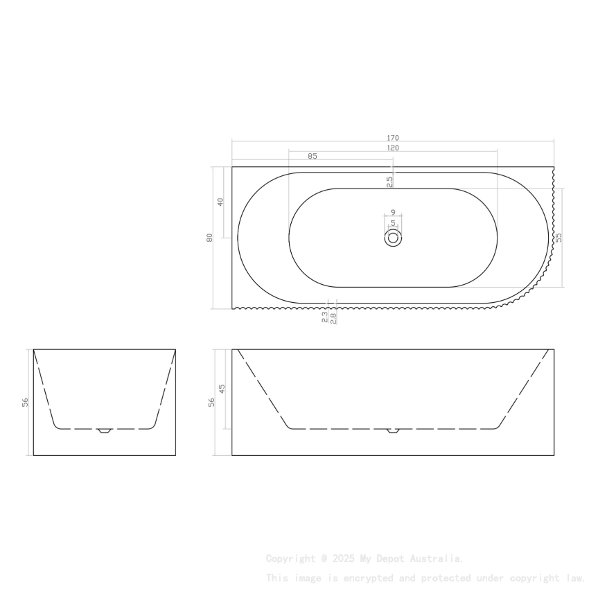 1700mm Kiama Grooved Gloss White Left Corner Fit Fluted Bathtub 