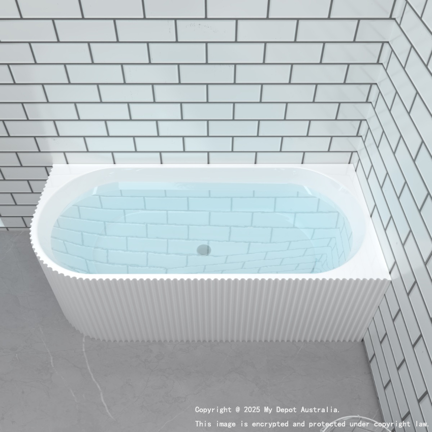 1700mm Kiama Grooved Gloss White Right Corner Fit Fluted Bathtub 