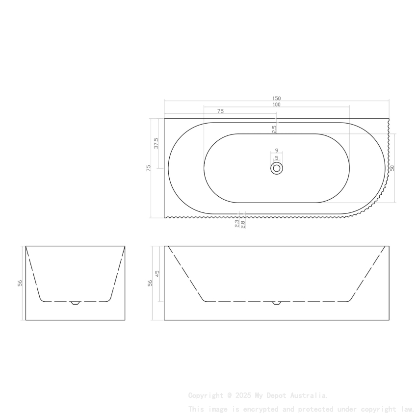 1500mm Kiama Grooved Gloss White Left Corner Fit Fluted Bathtub 