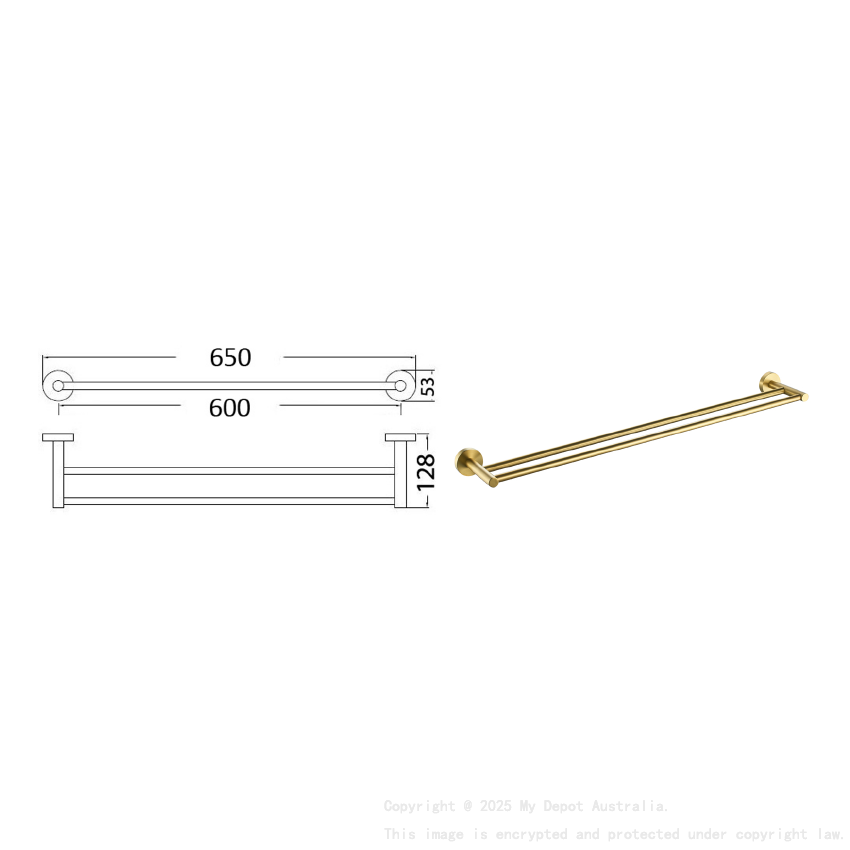 Otus Round Double Towel Rail 600mm Brushed Gold