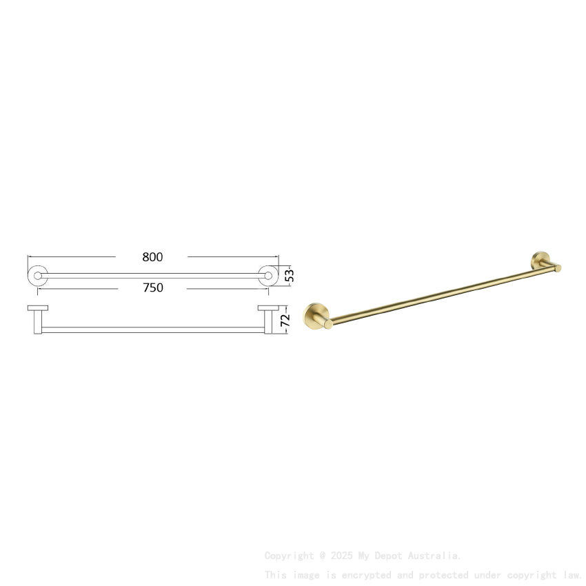 Otus Round Single Towel Rail 750mm Brushed Gold