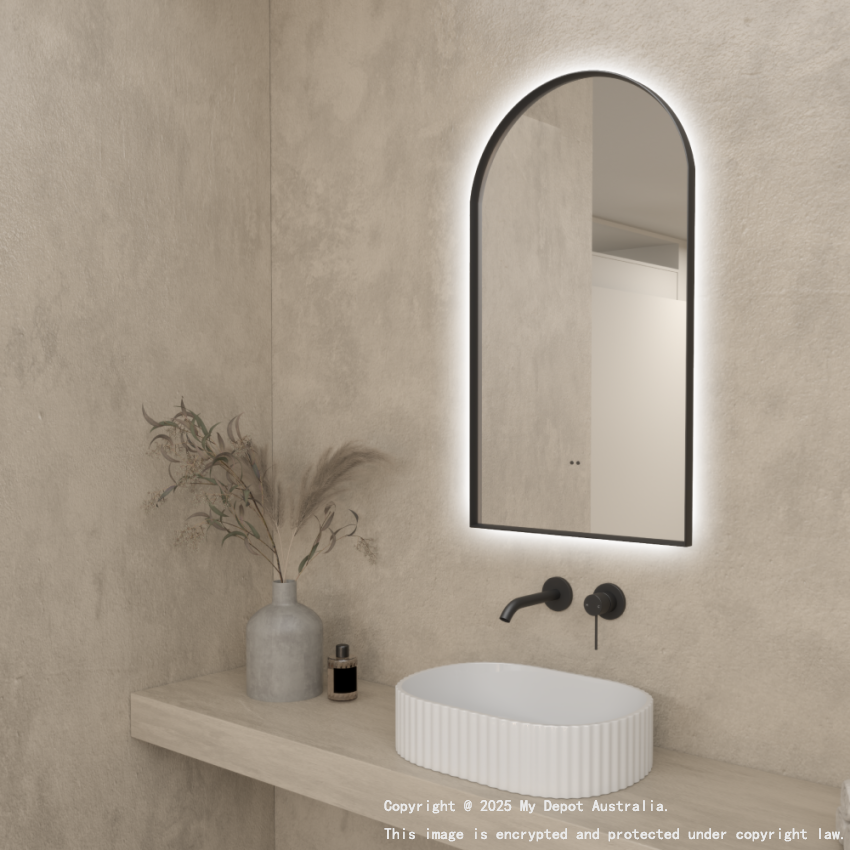500x900mm Matte Black Framed Arch 3 Color Backlit LED Mirror(Touchless Sensor Switch)