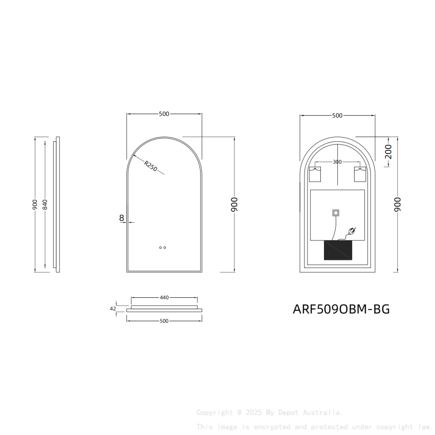 500x900mm Brushed Gold Framed Arch 3 Color Backlit LED Mirror(Touchless Sensor Switch)