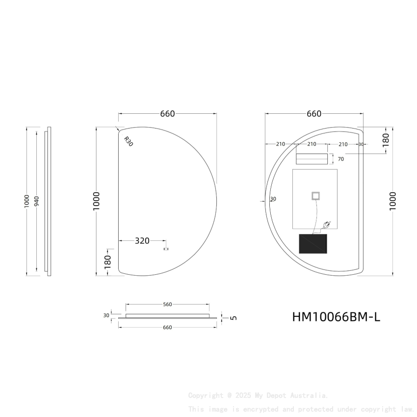 665x1000mm Half-Moon 3 Color Backlit LED Mirror With Touchless Sensor Switch, Flat Left Side
