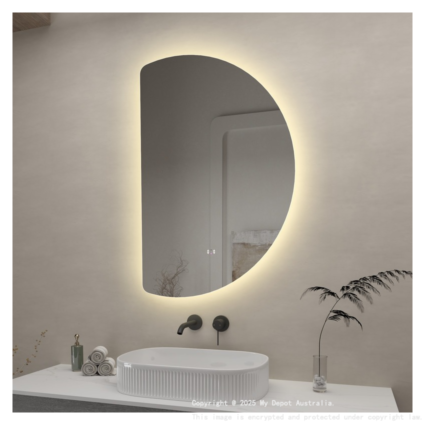 665x1000mm Half-Moon 3 Color Backlit LED Mirror With Touchless Sensor Switch, Flat Left Side