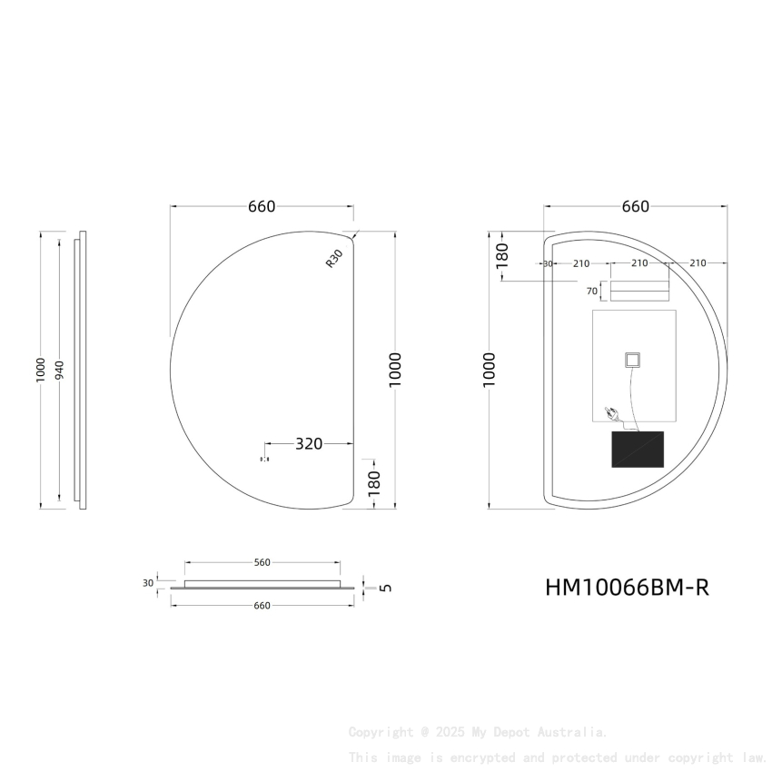 665x1000mm Half-Moon 3 Color Backlit LED Mirror with Touchless Sensor Switch, Flat Right Side