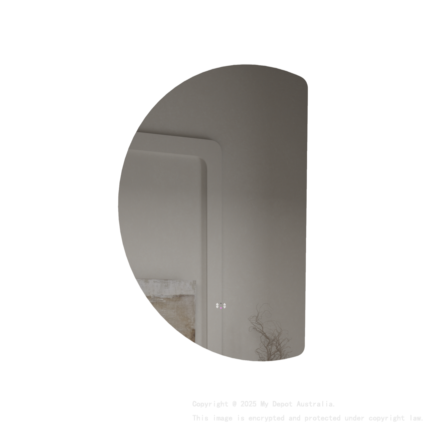 665x1000mm Half-Moon 3 Color Backlit LED Mirror with Touchless Sensor Switch, Flat Right Side