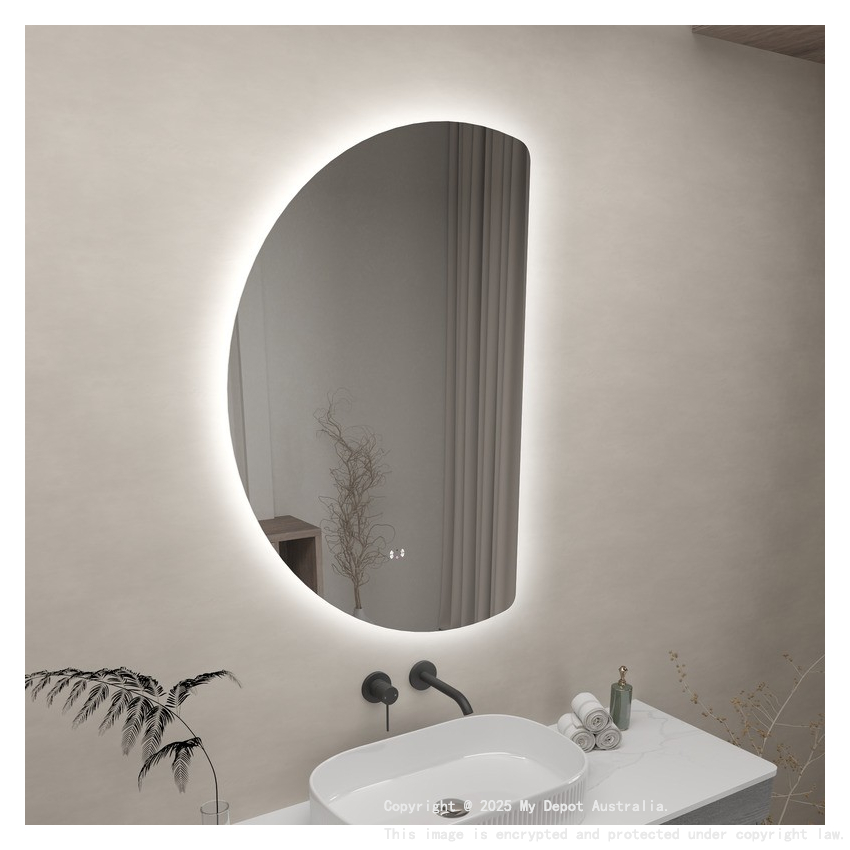 665x1000mm Half-Moon 3 Color Backlit LED Mirror with Touchless Sensor Switch, Flat Right Side
