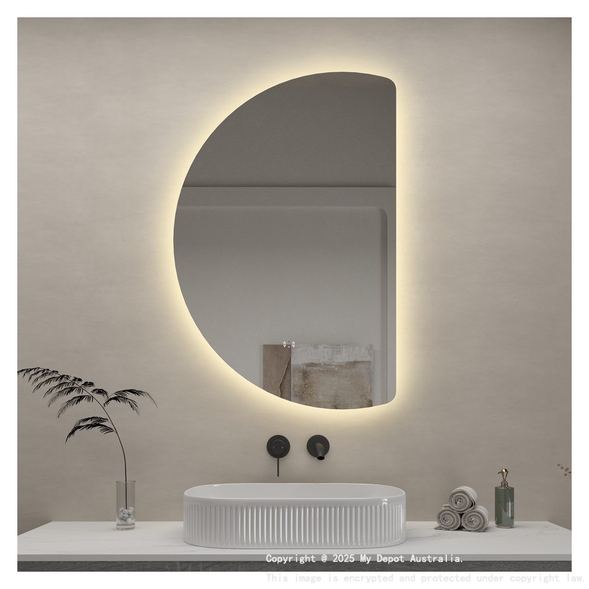 665x1000mm Half-Moon 3 Color Backlit LED Mirror with Touchless Sensor Switch, Flat Right Side