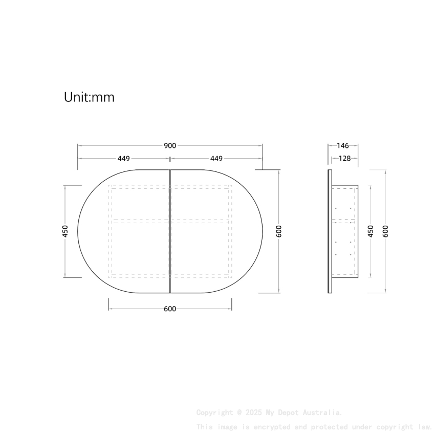 900x600mm Oval Matte White Mirror Cabinet MDF 2/DR Shaving Cabinet