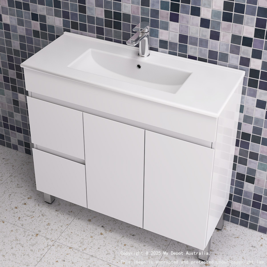 900MM Gloss White PVC Bathroom Vanity Left Drawers Free standing Cabinet Only