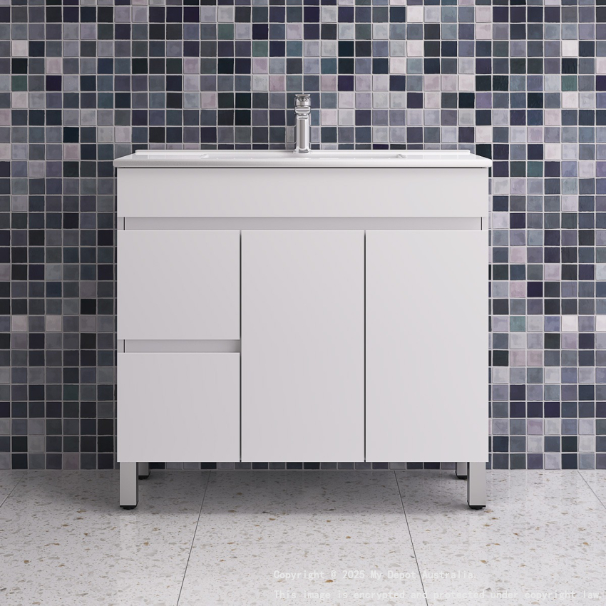 900MM Gloss White MDF Bathroom Vanity Left Drawers Free standing Cabinet Only