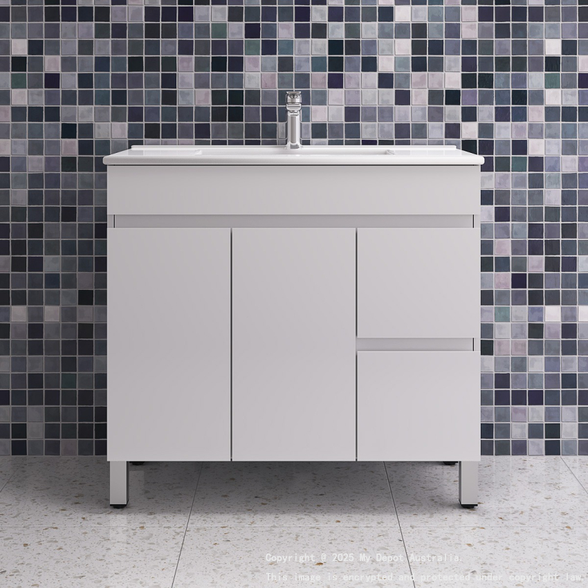 900MM Gloss White PVC Bathroom Vanity Right Drawers Free standing Cabinet Only