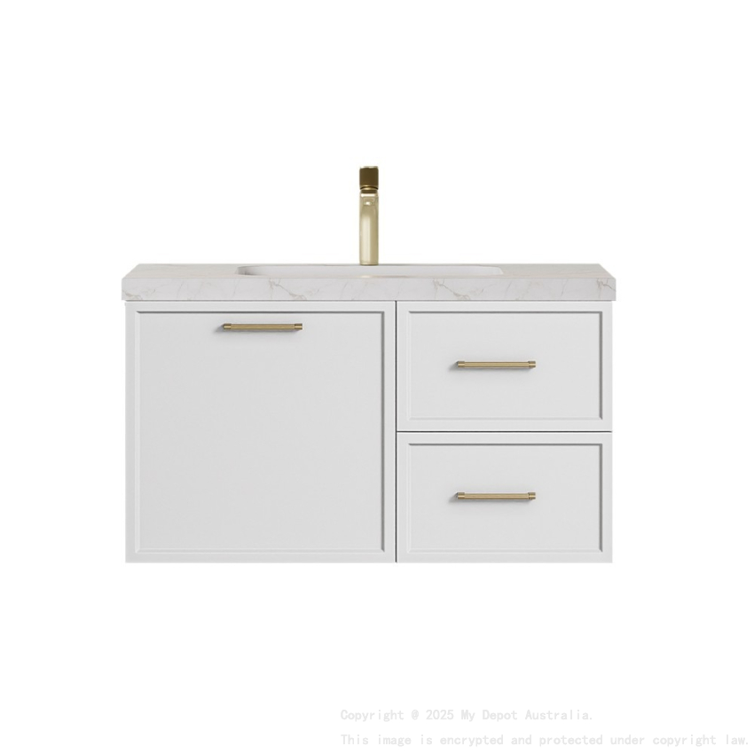 890*455*480mm Kingsley Federation Matte White Wall Hung PVC Cabinet Right Hand Drawers
