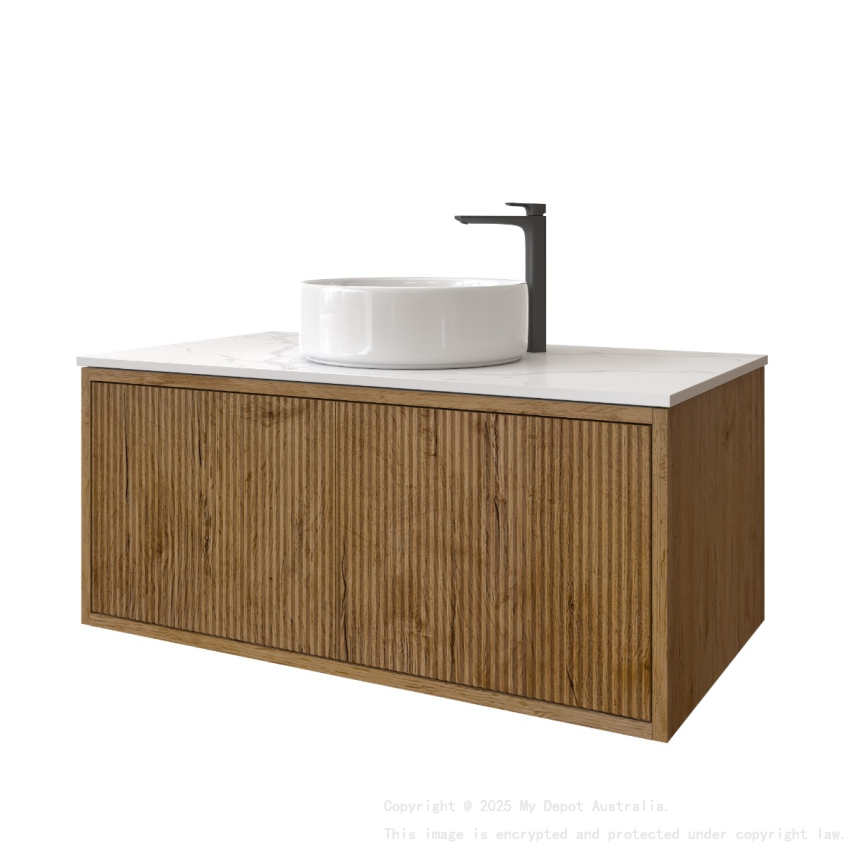 900mm Kiama Prime Oak 1 Left Hand Drawer 1 Right Hand Door Fluted Wall Hung Vanity Cabinet Only
