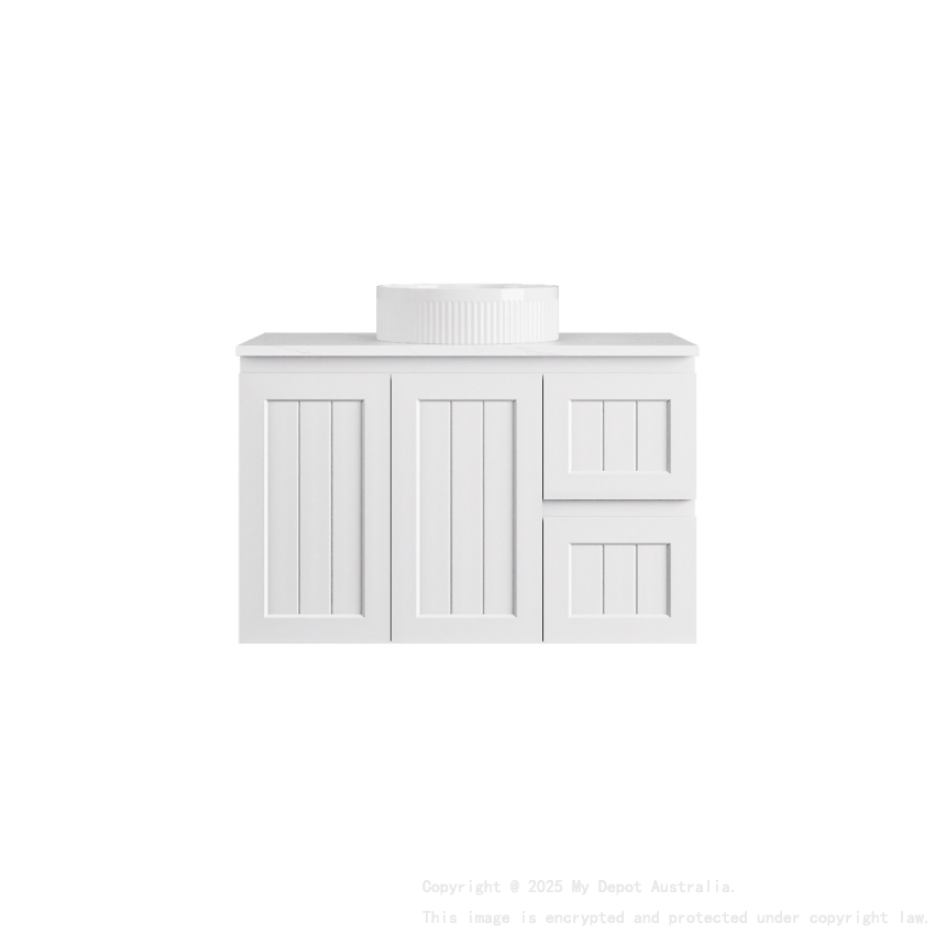 890*360*560mm Matte White Archill Federation Wall Hung Ensuite PVC Cabinet Right Hand Drawer