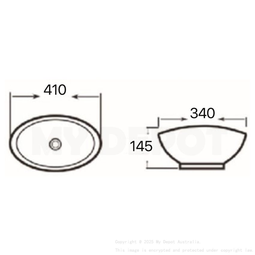 410mm Oval Gloss White Ceramic Above Counter Basin Non-overflow