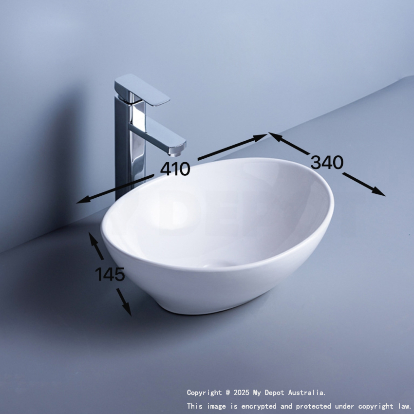 410mm Oval Gloss White Ceramic Above Counter Basin Non-overflow