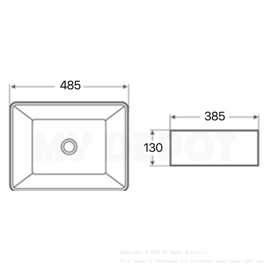 485mm Rectangle Gloss White Ceramic Above Counter Basin Non-overflow