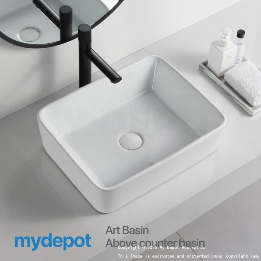 485mm Rectangle Gloss White Ceramic Above Counter Basin Non-overflow