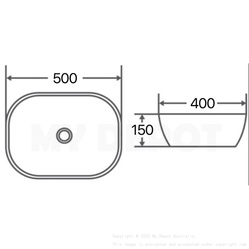 500mm Rectangle Gloss White Ceramic Above Counter Basin Non-overflow