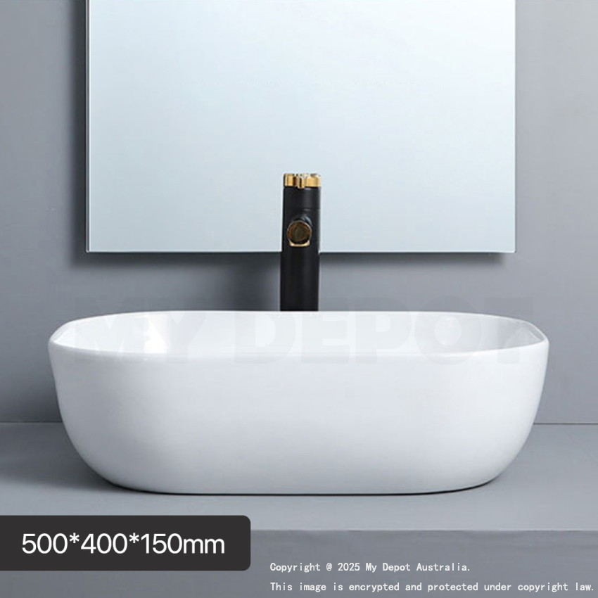 500mm Rectangle Gloss White Ceramic Above Counter Basin Non-overflow