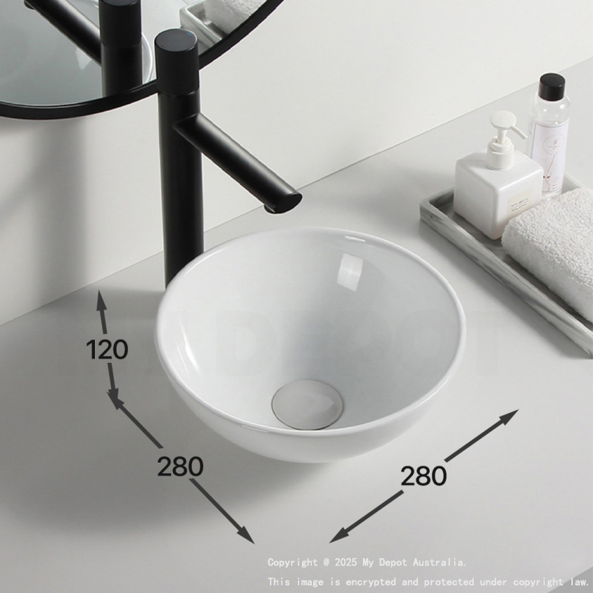 280mm Round Ultra Slim Basin Gloss White Above Counter Ceramic Basin