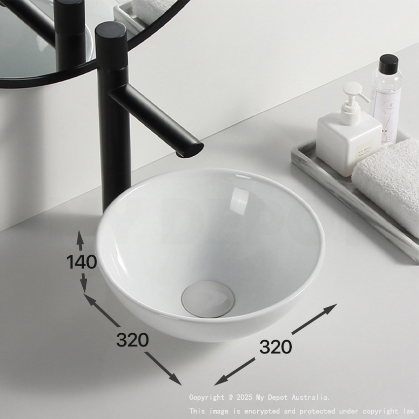 320mm Round Above Counter Basin Ultra Slim Gloss White Ceramic Basin