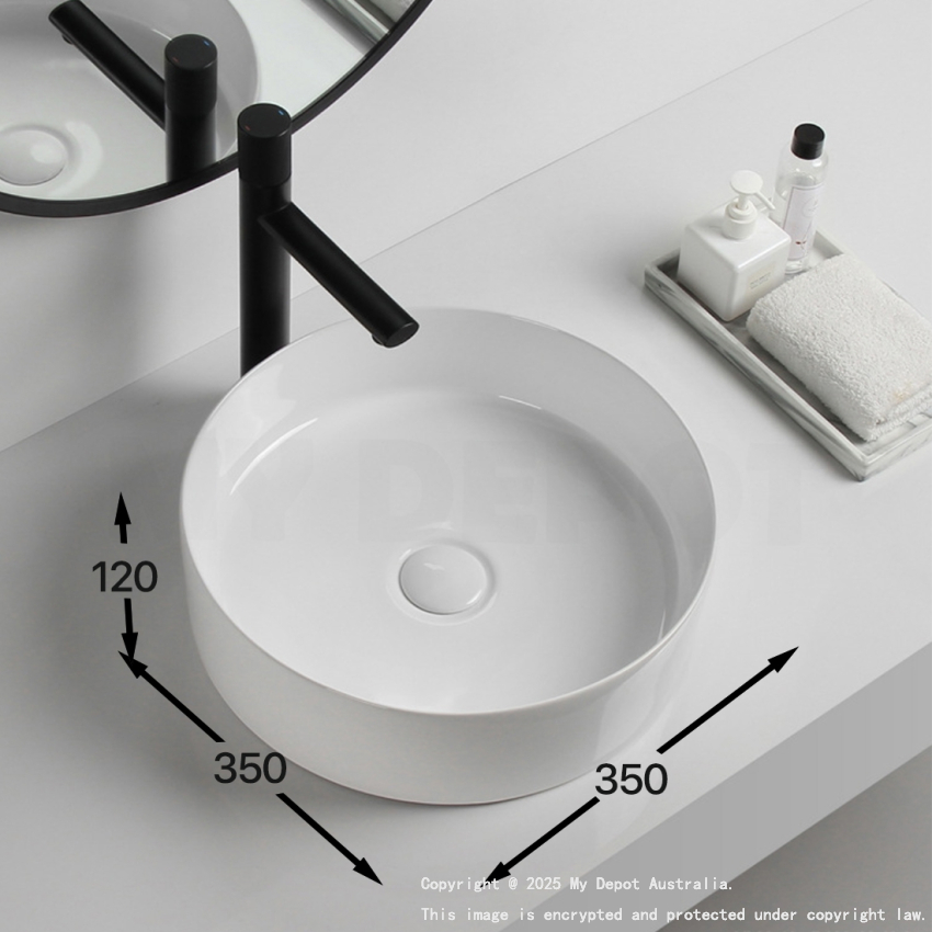 350mm Round Gloss White Ceramic Above Counter Basin Non-overflow