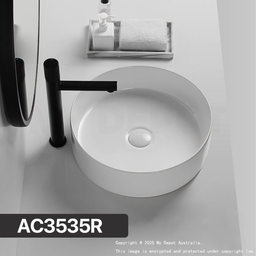 350mm Round Gloss White Ceramic Above Counter Basin Non-overflow