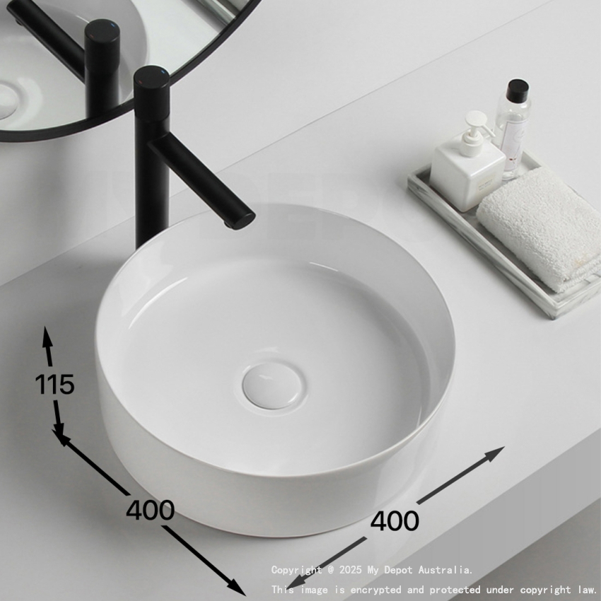 400mm Round Gloss White Ceramic Above Counter Basin Non-overflow
