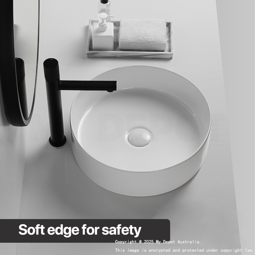 400mm Round Gloss White Ceramic Above Counter Basin Non-overflow
