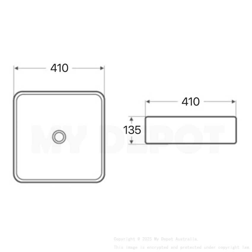 410mm Square Above Counter Basin Gloss White Ultra Slim Fine Ceramic Basin