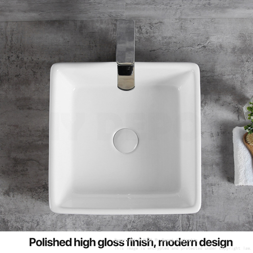 410mm Square Above Counter Basin Gloss White Ultra Slim Fine Ceramic Basin
